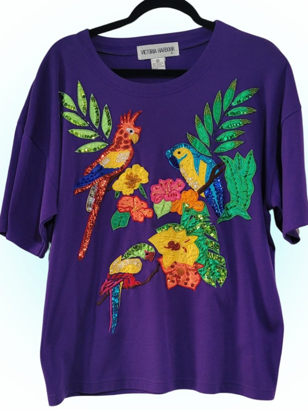 Y2K SUPER MCBLING TROPICAL PARROTS EMBELLISHED WOMEN'S T-SHIRT EUC M